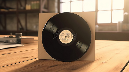 用于旧乙烯基唱片的空白纸盒，木桌上有可定制的可用空间，以 3D 渲染