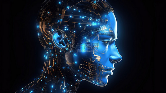 未来派全息头机器人抽象数字脸的 3D 渲染