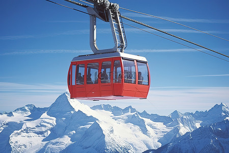 一辆红色缆车高举在白雪覆盖的山上