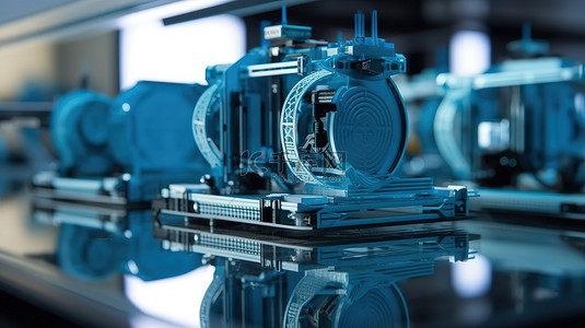 3D 打印技术隔离物体的特写描绘，以蓝灰色阴影打印在镜面上
