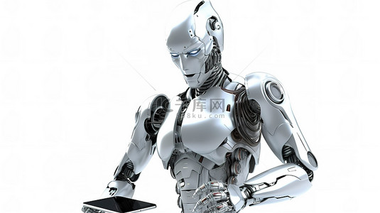 在机器人或机器人的白色 3D 渲染上隔离，带有由人工智能驱动的空白手机屏幕