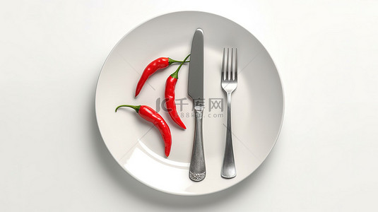 红辣椒板的顶部视图，辅以白色背景 3D 渲染上的叉子和刀子