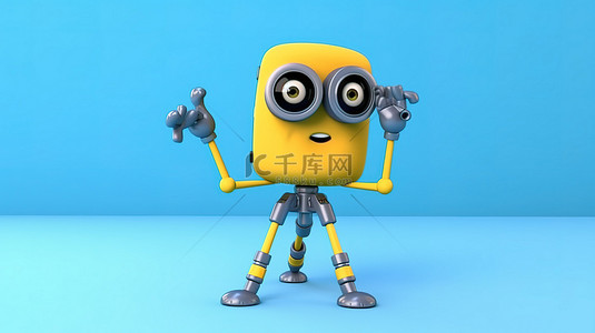 摄像视频背景图片_充满活力的蓝皮书人物吉祥物，配有单反相机和摄像机稳定系统，在令人愉悦的黄色背景 3D 渲染上