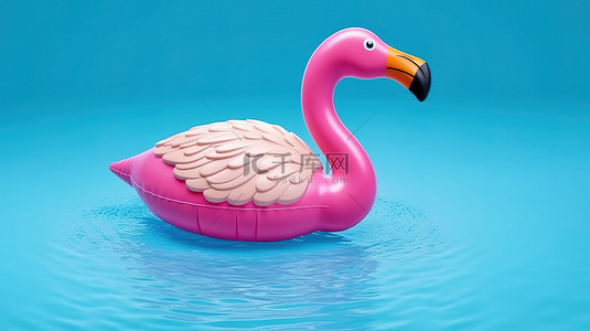 粉色火烈鸟背景图片_蓝色夏季泳池环境中粉色火烈鸟充气橡胶玩具的 3D 渲染