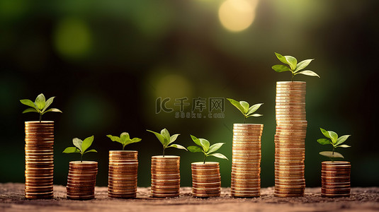 3d 渲染繁荣的硬币，上面堆满了植物，象征着通过投资和储蓄股息实现增长和利润