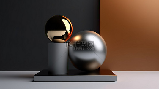 金属柱背景图片_具有抛光金属球体的抽象 3D 渲染产品讲台