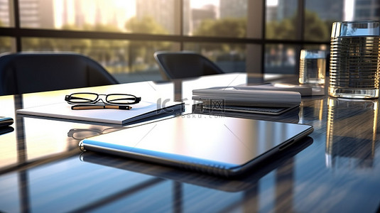 会议聚焦背景图片_笔记本电脑和纸张在光滑玻璃会议桌 3D 渲染上的聚焦镜头