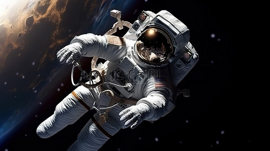 宇宙星球宇宙背景图片_宇航员在开放空间进行太空行走的 3D 渲染