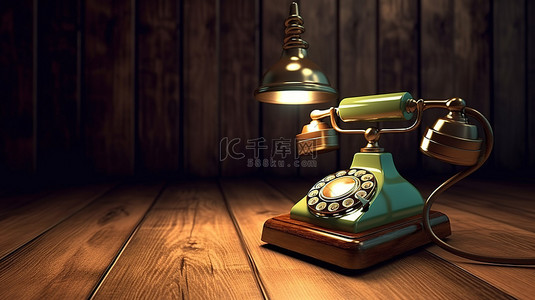 木桌上的老式电话怀旧照片与 3D 渲染