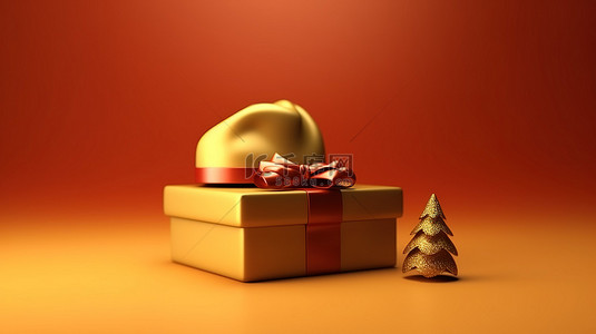 节日圣诞节 3D 渲染礼品盒和圣诞老人​​帽子在闪闪发光的金色背景下