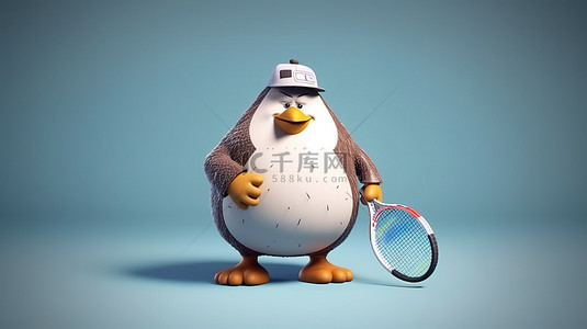 企鹅可爱背景图片_3d 插图中的胖企鹅网球运动员