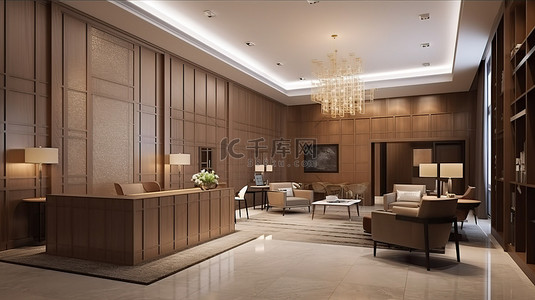 食堂背景图片_3d 酒店渲染中的现代奢华接待区和休息室