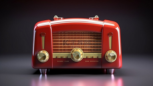 3D 设计中的经典红色收音机，具有光泽背景前视图