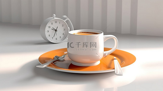 时间的闹钟背景图片_早上叫醒咖啡杯和盘子作为白色背景 3D 渲染上的闹钟