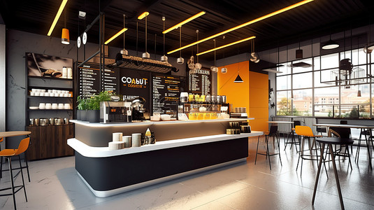 咖啡店零售设计的创新 3D 渲染，具有横幅和菜单模型