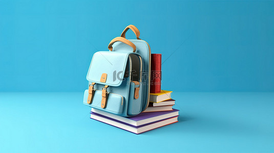 蓝色背景与 3D 书籍和袋子教育的视觉表示