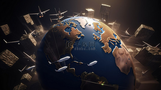 包裹在包裹中的世界地球飞机和货船的 3D 渲染