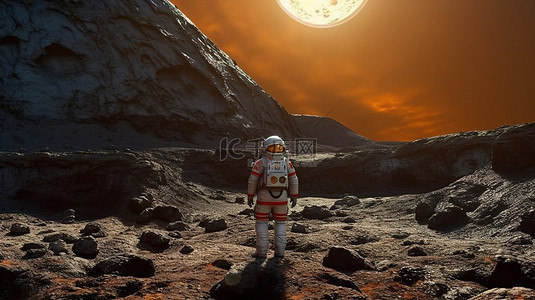 探索外星景观，宇航员站在遥远星球上的陨石坑中，以令人惊叹的 3D 效果呈现