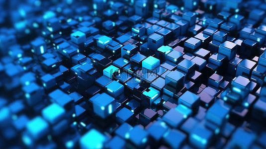蓝色背景与数据单元描绘分布式区块链技术 3D 渲染图像的概念
