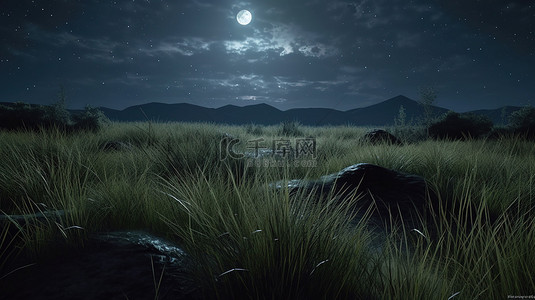 令人惊叹的 3D 描绘了一个迷人的夜景，满月闪烁的星星和茂密的草地