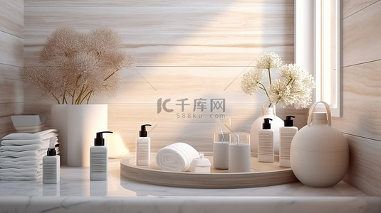 浴室台背景图片_农舍风格的浴室内饰，配有令人惊叹的 3D 天然化妆品展示