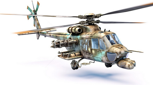 飞行中的直升机背景图片_白色背景下飞行中装备齐全的现代军用直升机的 3D 插图