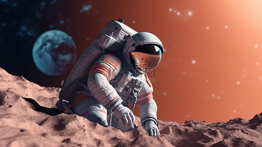 3d月球背景图片_宇航员在月球表面探索天文学和科学的 3D 渲染插图