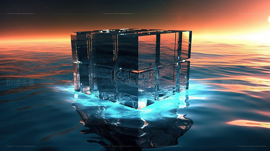 led背景图片_发光的立方体在未来派 3D 渲染中悬停在海上