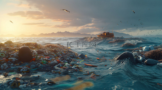 蓝色的海洋背景图片_被塑料废物污染的海洋的 3d 渲染