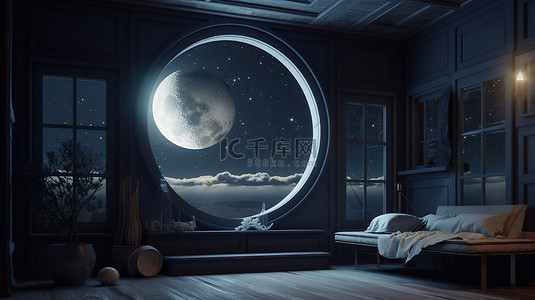 夜晚夜景背景图片_夜晚有窗户的星空房间 3d 插图