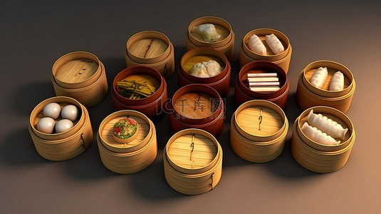竹文化背景图片_3D 渲染中的各种竹蒸点心
