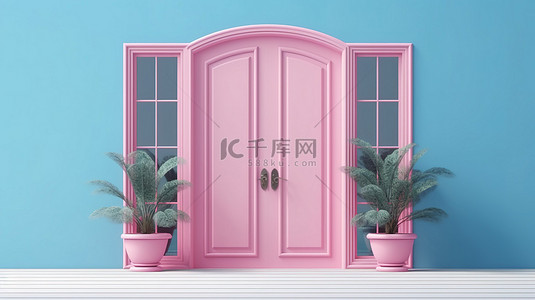 蓝色背景上呈现的双色调粉色金属塑料 PVC 3D 优雅阳台门窗