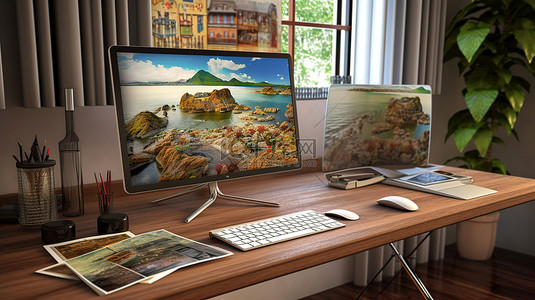 在计算机上工作背景图片_坐在桌子上的计算机上的旅游网站的 3D 渲染