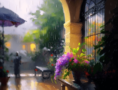 花伞背景图片_鲜花植物伞雨中的花园油画背景