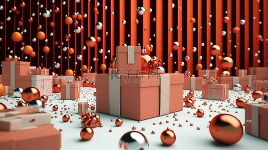金圣诞快乐背景图片_节日 3D 渲染插图卡，配有星球树和礼品盒，祝您圣诞快乐，新年快乐