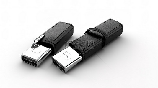 白色背景背景图片_带有黑色皮革 USB 闪存驱动器的白色背景的 3D 渲染