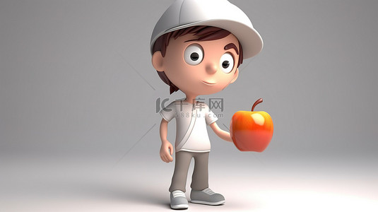 水果卡通男孩背景图片_青少年有趣俏皮的 3D 卡通人物与苹果