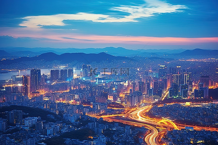 黄昏时的首尔城市景观