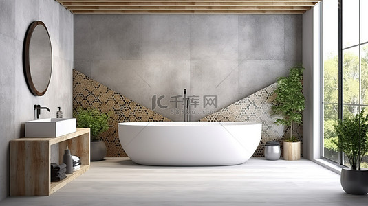 3D 渲染混凝土瓷砖墙装饰阁楼风格的浴室与装饰图案