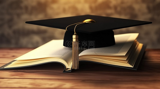 代表高等教育和学习概念的浅色背景上带有毕业帽的已打开书籍的 3D 渲染