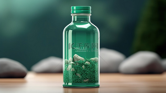 矿泉水瓶样机背景图片_绿色矿泉水瓶的 3d 插图