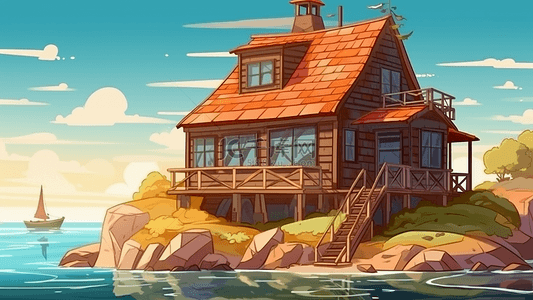 海边建筑背景图片_房子海边度假插画背景