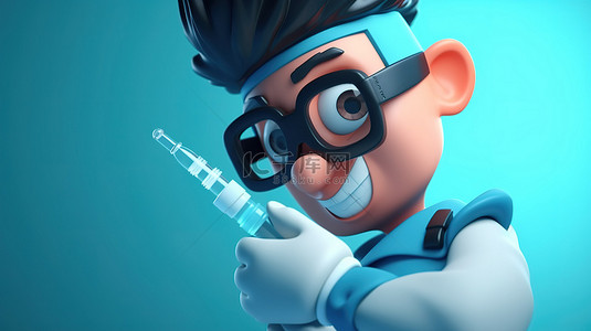 健康管理背景图片_卡通医生准备疫苗 3D 渲染手戴手套拿着注射器