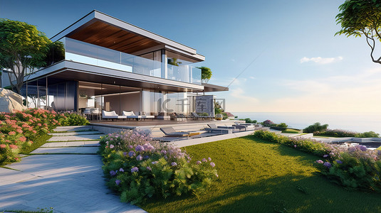 当代避风港令人惊叹的豪华住宅，享有海景简约的外观和郁郁葱葱的草坪 3D 渲染