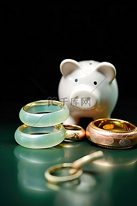 金金猪背景图片_一个金猪雕像和几个瓷器白色陶瓷戒指