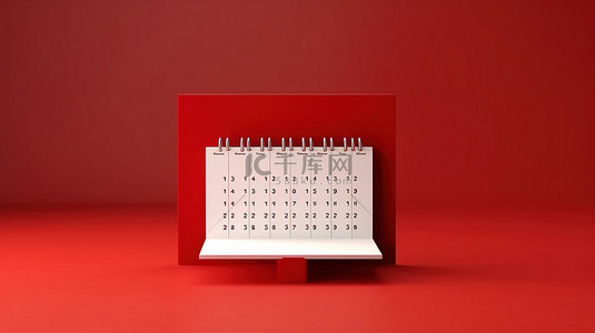 红色背景，带有从正面查看的空桌面日历的 3D 渲染