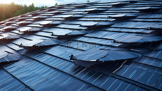 创新太阳能屋顶设计单晶黑瓦与建筑集成光伏系统 3D 渲染