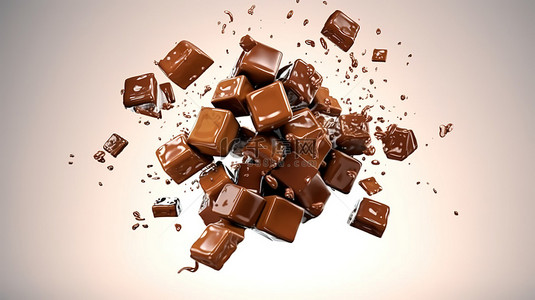 巧克力块在空气中旋转的 3D 插图