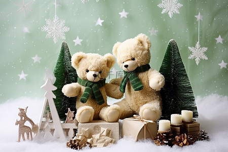 可爱文本背景图片_两只泰迪熊坐在圣诞节场景附近的雪上