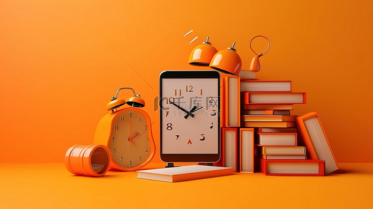 橙色墙壁上闹钟和移动设备的虚拟学习 3D 渲染，配有教科书和在线教育文本